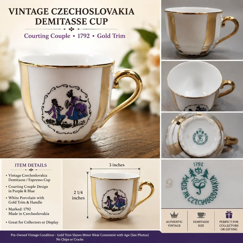 Vintage Czechoslovakia Demitasse Espresso Cup Courting Couple Gold Trim 1792